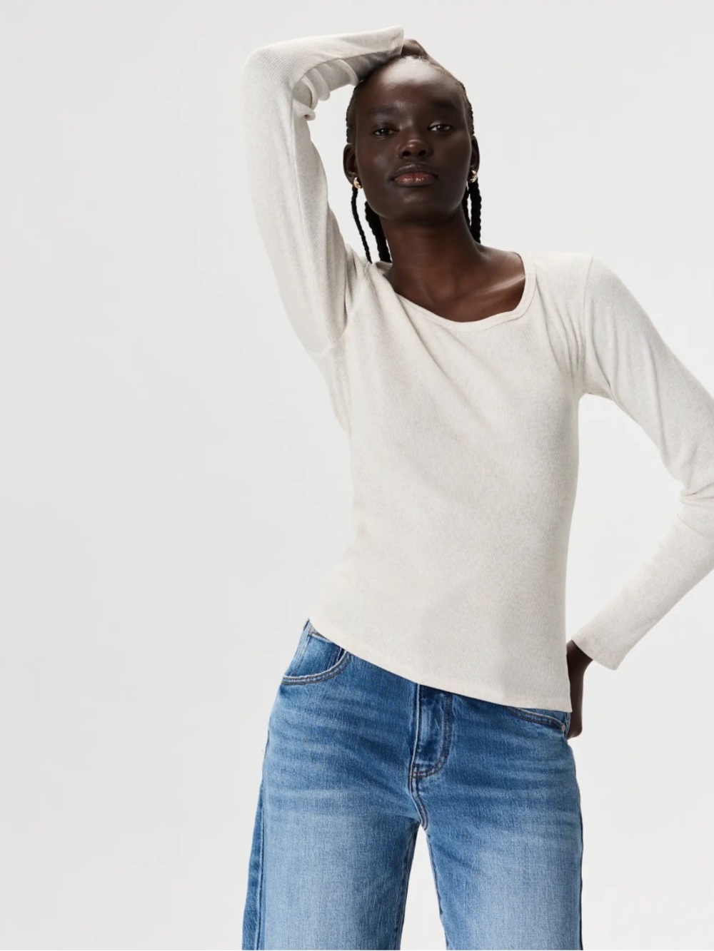 Quince NWOT Organic Cotton Ribbed Long Sleeve Crew Neck Top Oatmeal Beige Small